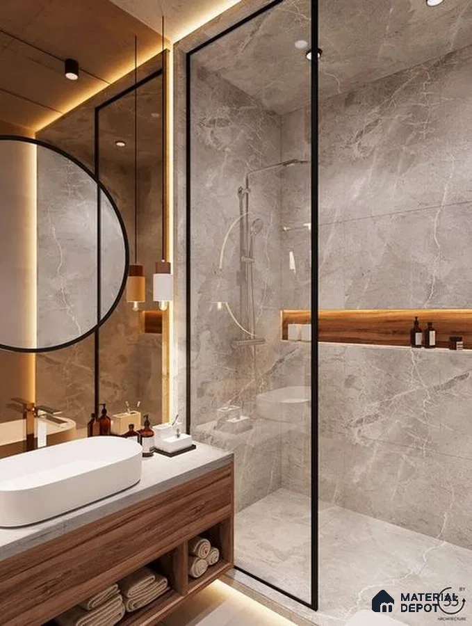 a bathroom with a large tub in the middle of the room and two sinks and two sinks on the wall next to a bathtub in front of a large window that has a window sill of it is